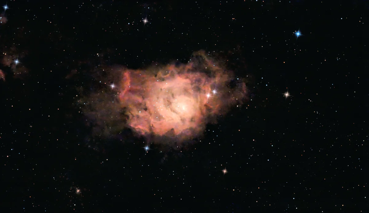 Lagoon Nebula (M8). Captured with Dwarf 3 in EQ mode. 201 stacks @ 15s exposure (Total: ~50 min). Post-processed using Stella Studio and Google Photos.